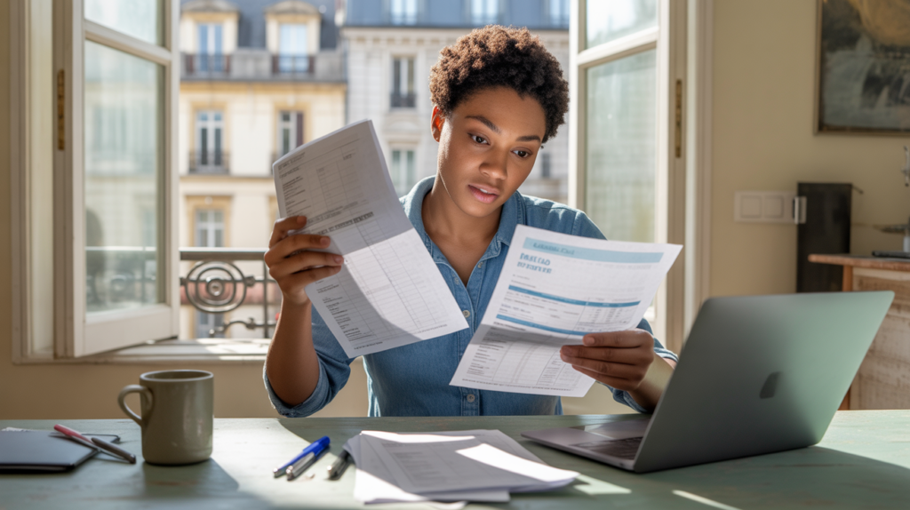 Jeune actif dans un appartement réaliste consultant ses documents financiers et son ordinateur dans une scène naturelle et lumineuse.