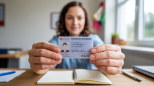 Personne tenant une carte d'identité fictive avec le numéro mis en avant, dans un décor naturel et lumineux.