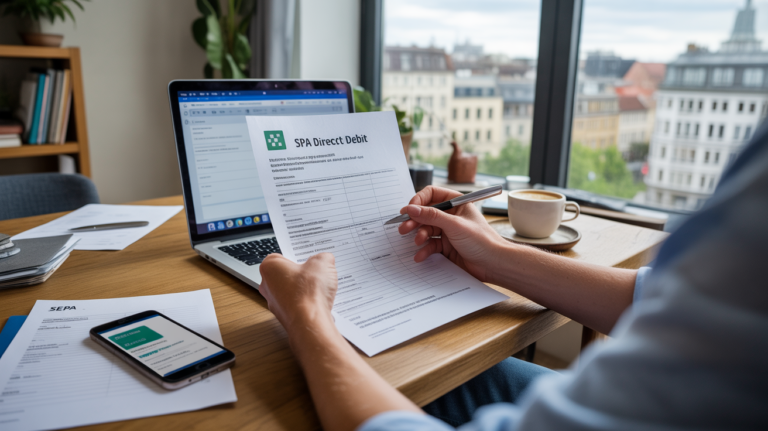Personne signant un mandat de prélèvement SEPA dans un intérieur européen moderne, avec documents et outils bancaires sur un bureau.
