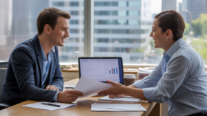 Un employé confiant discute d'une augmentation de salaire avec son manager dans un bureau lumineux et moderne, dans une ambiance réaliste et naturelle.