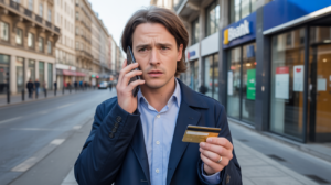 Personne tenant un smartphone et une carte bancaire devant une vraie agence bancaire, en pleine rue, semblant contacter sa banque pour faire opposition, dans une scène réaliste et naturelle.