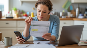 Personne examinant un relevé bancaire à une table de cuisine, avec un ordinateur et un smartphone, dans une scène réaliste et naturelle.
