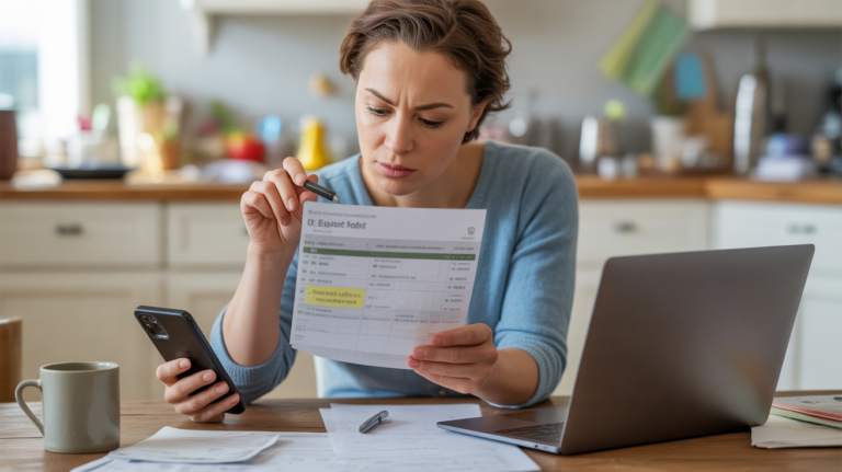 Personne examinant un relevé bancaire à une table de cuisine, avec un ordinateur et un smartphone, dans une scène réaliste et naturelle.
