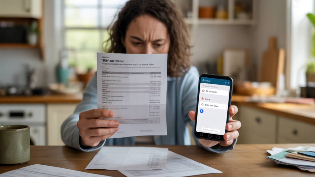 Personne examinant un prélèvement SEPA inattendu sur un relevé bancaire tout en consultant une application mobile pour s’y opposer dans une scène domestique réaliste et naturelle.