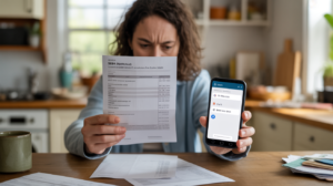 Personne examinant un prélèvement SEPA inattendu sur un relevé bancaire tout en consultant une application mobile pour s’y opposer dans une scène domestique réaliste et naturelle.