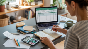 Scène réaliste d’un bureau à domicile où une personne organise son budget sur un ordinateur portable affichant un tableau Excel, entourée d’objets du quotidien comme des reçus, un carnet et un café.
