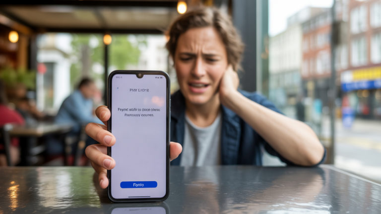 Scène réaliste dans un café montrant une personne confrontée à un paiement en ligne refusé sur son smartphone, avec un décor naturel et des détails authentiques.