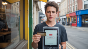 Personne confuse devant un terminal de paiement refusant une transaction devant un café réel en pleine rue.