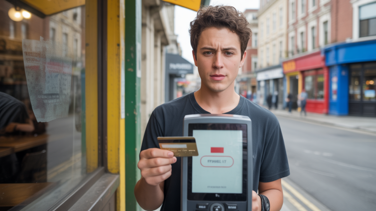 Personne confuse devant un terminal de paiement refusant une transaction devant un café réel en pleine rue.