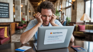 Voyageur dans le hall authentique d’un hôtel à l’étranger réagissant à un paiement en ligne refusé sur son ordinateur portable.