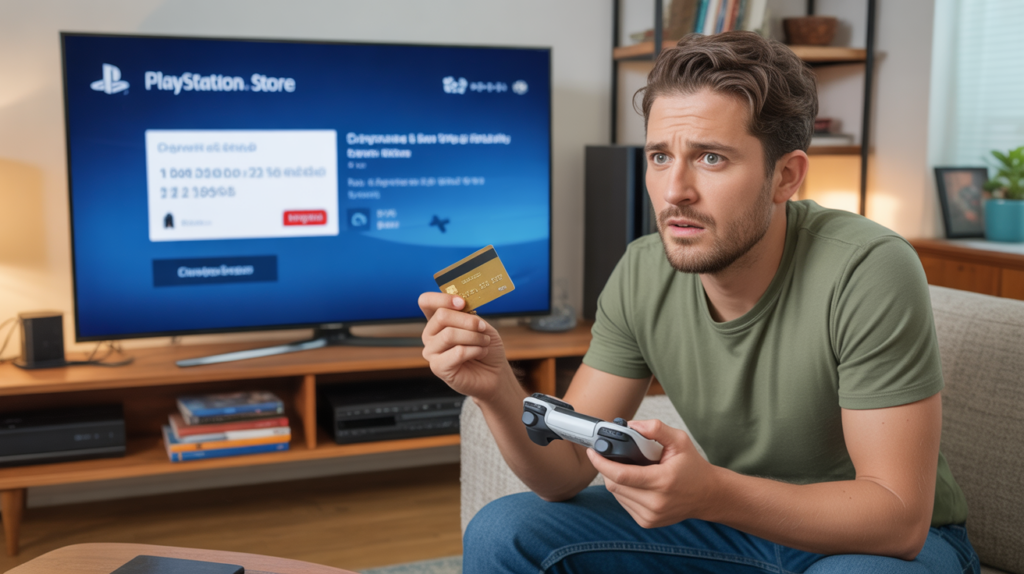 Personne dans un salon moderne faisant face à un message de paiement refusé sur un écran PlayStation.