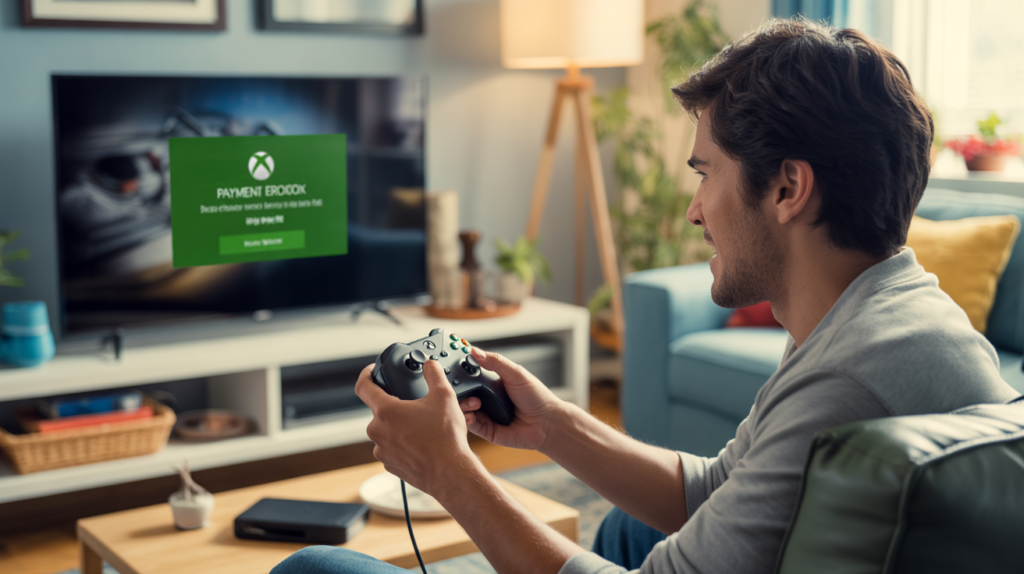 Personne dans un salon moderne tenant une manette Xbox devant un écran affichant un message d’erreur de paiement, dans une scène réaliste au décor naturel.