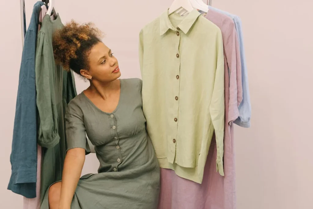 femme regarde vêtements sur cintre
