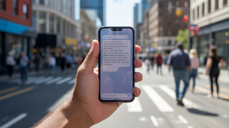 Scène réaliste montrant une personne tenant un smartphone en ville, affichant un SMS suspect rappelant une tentative de phishing.
