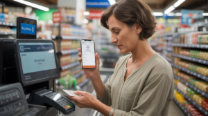 Scène réaliste d’une personne au magasin dont la carte est refusée, vérifiant son application bancaire pour comprendre un plafond atteint.