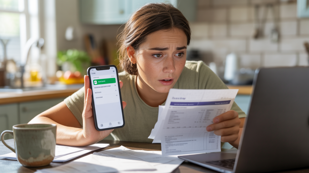 Scène réaliste d’une personne examinant un prélèvement bancaire déjà débité sur un ordinateur et un téléphone dans une cuisine lumineuse.