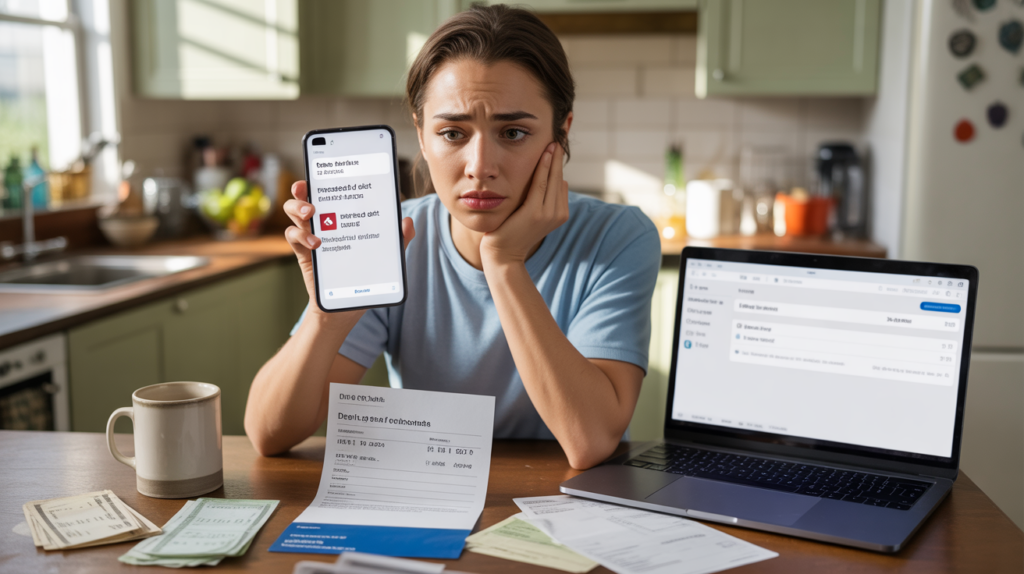 Personne assise à une table de cuisine, regardant une notification bancaire indiquant un prélèvement rejeté, entourée de factures et d’éléments du quotidien dans un décor réaliste.