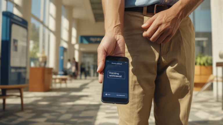 Main tenant un smartphone affichant une transaction bancaire en attente dans un environnement réel, lumineux et naturel.
