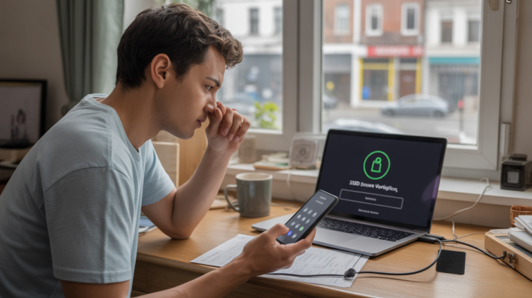 Personne chez elle devant un ordinateur affichant un échec 3D Secure, tenant un smartphone, dans une scène réaliste et naturelle.