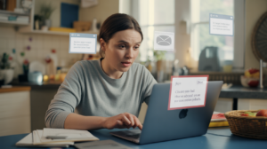 Personne à domicile utilisant un ordinateur portable avec vigilance, dans une scène réaliste illustrant la prudence face aux arnaques en ligne.