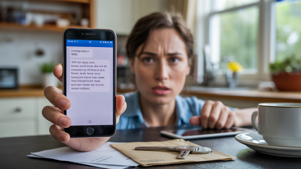 Personne inquiète découvrant qu’elle a cliqué sur un lien frauduleux dans un SMS, smartphone en main dans une cuisine réaliste et éclairée naturellement.