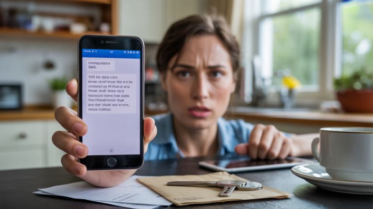 Personne inquiète découvrant qu’elle a cliqué sur un lien frauduleux dans un SMS, smartphone en main dans une cuisine réaliste et éclairée naturellement.