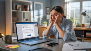 Personne dans un bureau à domicile réalisant avoir cliqué sur un lien de phishing, face à un ordinateur affichant un email suspect, dans une scène réaliste et naturelle.