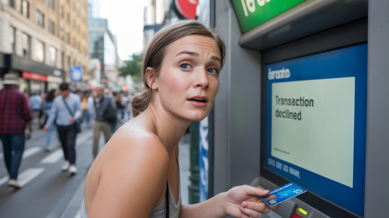 Personne devant un distributeur automatique dans une rue animée, semblant surprise face à un message de refus de transaction, scène réaliste et naturelle.