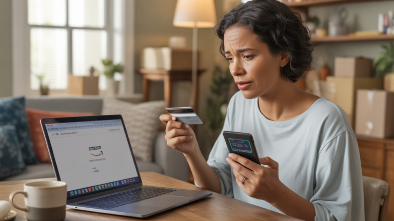 Personne à domicile vérifiant un refus de paiement Amazon sur un ordinateur portable avec carte bancaire et téléphone en main, scène réaliste et naturelle.