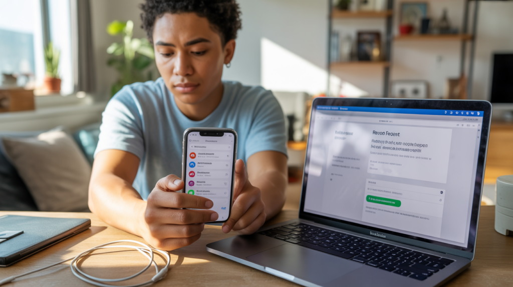 Personne assise à un bureau en train de consulter les réglages d’abonnements Apple sur un iPhone, avec un MacBook ouvert affichant une demande de remboursement, dans un appartement moderne et réaliste.
