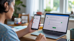 Personne utilisant son smartphone et son ordinateur pour demander un remboursement Google Play dans un salon lumineux et réaliste.