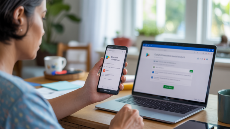 Personne utilisant son smartphone et son ordinateur pour demander un remboursement Google Play dans un salon lumineux et réaliste.