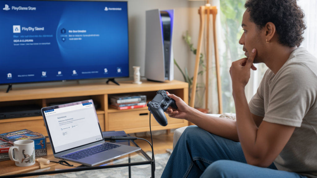 Personne dans un salon moderne consultant un remboursement sur le PlayStation Store avec une manette PS5 et un écran affichant une interface liée au support.
