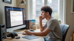 Personne à un bureau consultant une demande de remboursement sur Steam dans un appartement moderne et réaliste, avec lumière naturelle et détails authentiques.