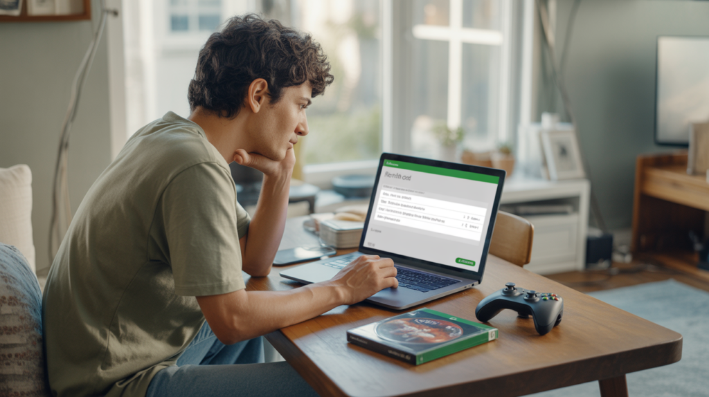 Personne assise à un bureau dans un salon moderne, consultant une demande de remboursement pour un jeu Xbox sur un ordinateur portable, avec une manette et des boîtiers de jeux à côté, dans une scène réaliste et naturelle.