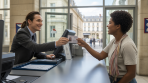 Scène réaliste dans une mairie française en 2026 montrant un citoyen renouvelant sa carte d'identité auprès d'un agent municipal.