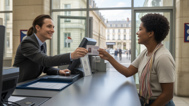 Scène réaliste dans une mairie française en 2026 montrant un citoyen renouvelant sa carte d'identité auprès d'un agent municipal.