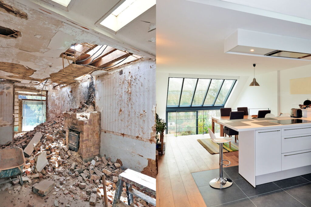 Maison en cours de rénovation, avec artisans au travail pour optimiser le budget au m2