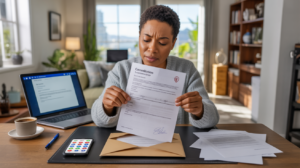 Personne préparant la résiliation d'une assurance à un bureau, avec documents, enveloppe et ordinateur dans un intérieur réaliste et naturel.