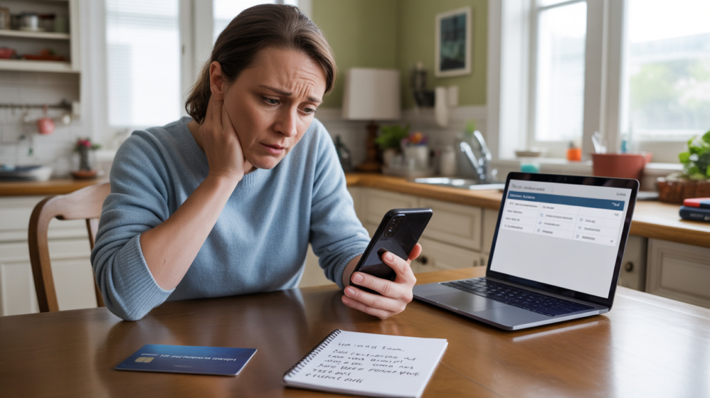 Personne concentrée vérifiant la sécurité de son compte bancaire sur son smartphone dans une cuisine réaliste et éclairée naturellement.