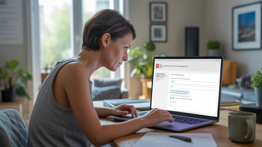 Personne dans un intérieur moderne utilisant un ordinateur pour signaler un contenu illicite en ligne, ambiance réaliste et naturelle.
