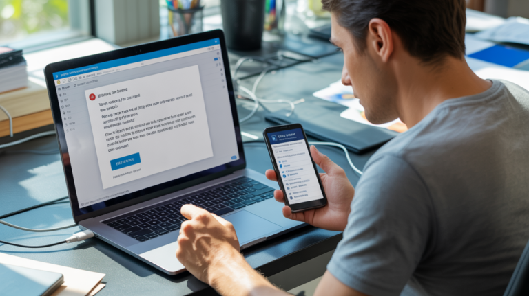 Personne examinant un email suspect sur un ordinateur portable et s’apprêtant à le signaler via un site officiel, dans un bureau réaliste et éclairé naturellement.