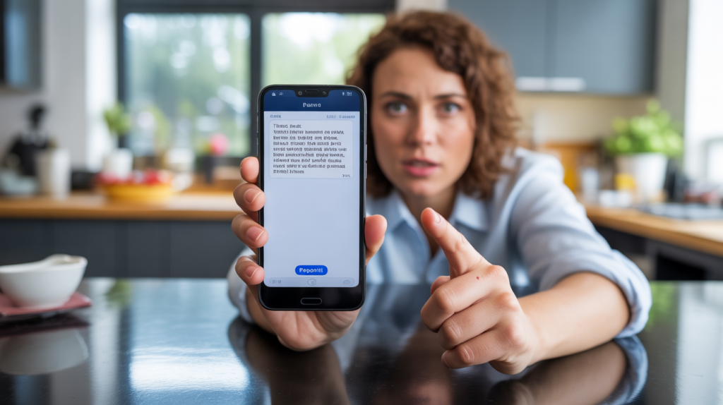 Personne tenant un smartphone affichant un SMS suspect dans un environnement quotidien réaliste, prête à signaler une arnaque.
