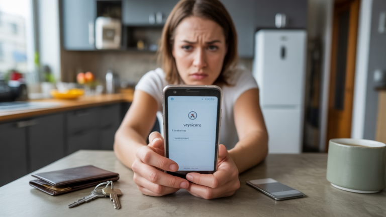 Personne réaliste tenant un smartphone sans recevoir un SMS de validation bancaire, dans une cuisine moderne avec une ambiance naturelle et authentique.