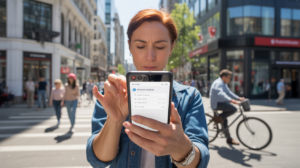 Personne vérifiant et validant un achat sur une application bancaire dans une rue urbaine ensoleillée, avec un environnement réaliste et naturel.
