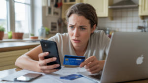 Personne inquiète vérifiant des opérations bancaires suspectes sur son smartphone et son ordinateur dans un intérieur réaliste.