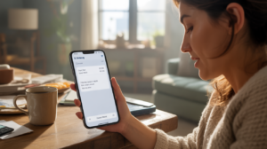 Scène matinale réaliste montrant un smartphone avec une notification de prélèvement bancaire posé sur une table en bois dans un salon éclairé naturellement.