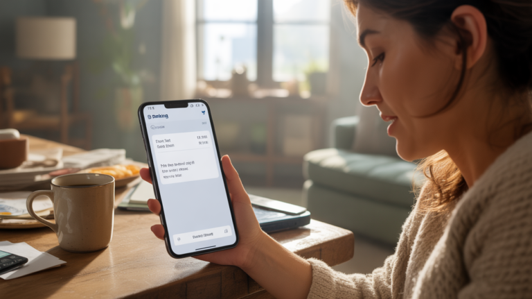 Scène matinale réaliste montrant un smartphone avec une notification de prélèvement bancaire posé sur une table en bois dans un salon éclairé naturellement.