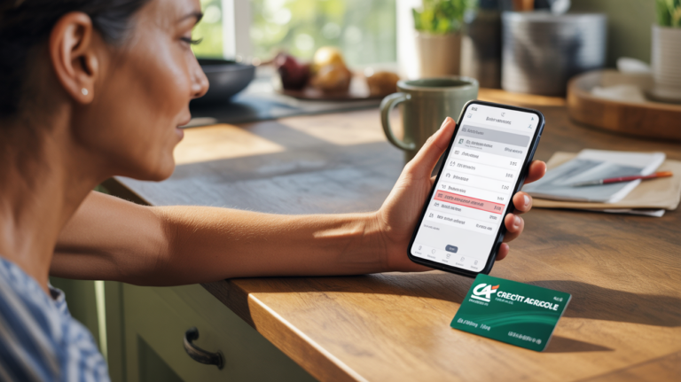 Personne vérifiant ses transactions bancaires sur son smartphone avec une carte Crédit Agricole posée sur la table dans une scène naturelle et réaliste.