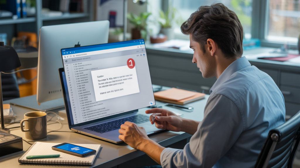 Scène réaliste montrant une personne examinant un email suspect sur son ordinateur portable dans un bureau authentique, illustrant la vigilance face au phishing.